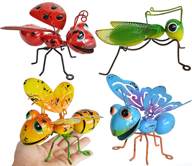 Metal Graden Yard Art Hanging Decoration Yellow Bee Blue Butterflies Red Ladybug and Green Mantis Perfect The Tree Porch Patio Garden Hanging Wall Sculpture