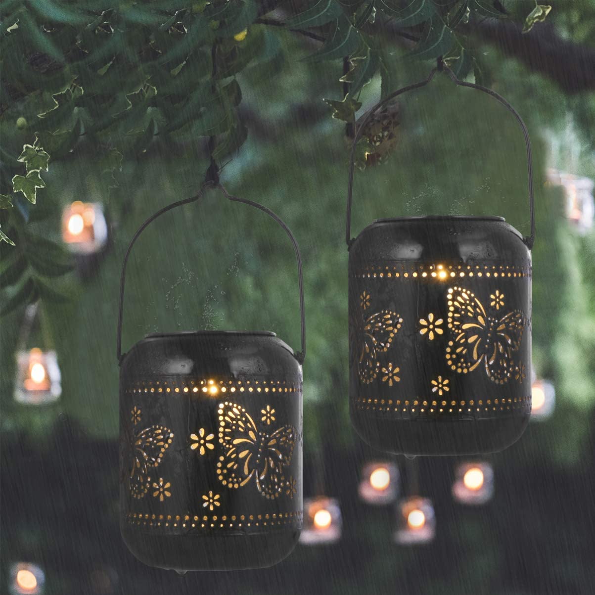 Hanging Solar Lantern Outdoor Retro Butterfly LED Solar Lamp Lantern Decorative Tabletop Light with Handle for Garden Patio Landscape Yard