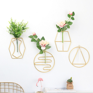 Home Wedding Decoration Eco Friendly Gold Iron Flower Glass Wall Plant Pot Vase