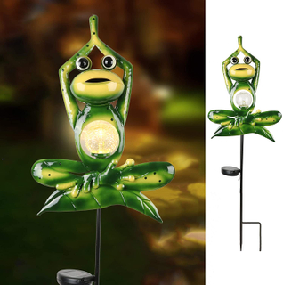35 inch Frog Solar Garden Lights Stake Metal Yoga Frog Garden Statue with Crackle Glass Ball for Outdoor Patio Yard Decorations